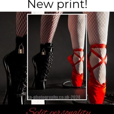 Red pointe shoe and black ballet boot